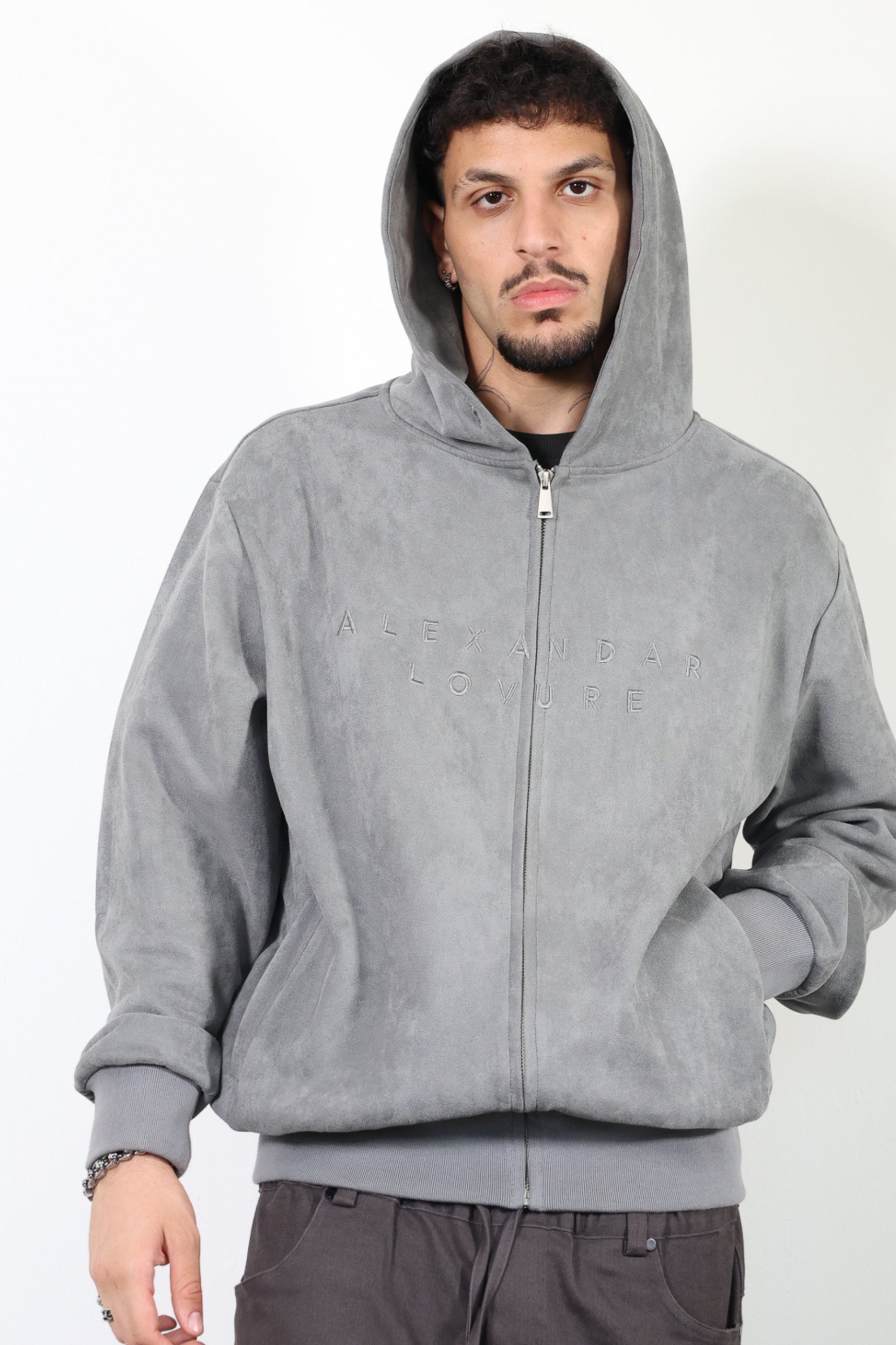 GRAY SUEDE ZIP-UP HOODIE (v) – Alexandar lovure